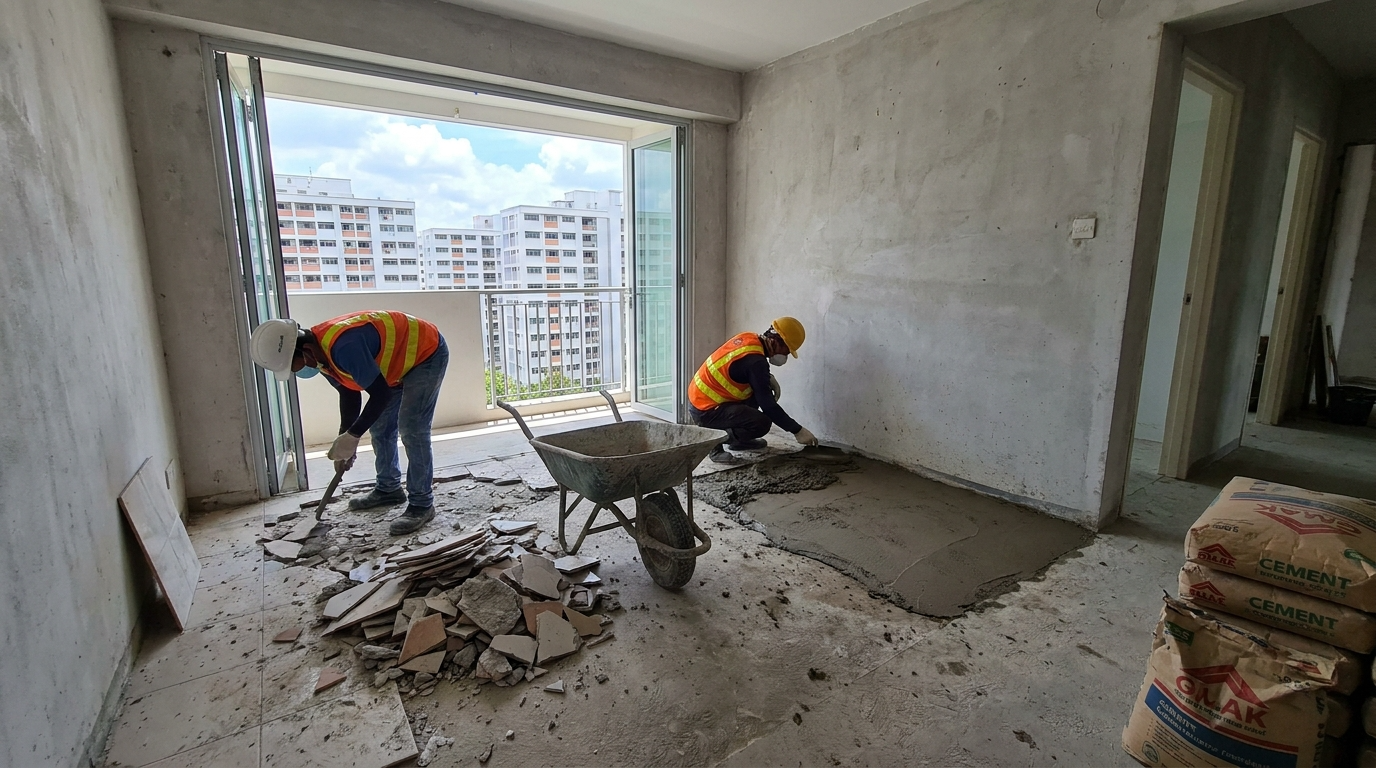 HDB house tiling Hacking (Demolition & Re-screeding)